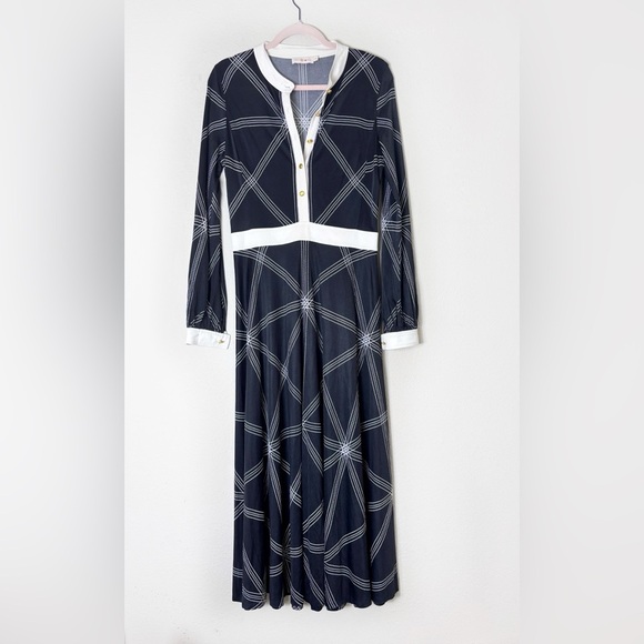 Tory Burch Anja Geometric Black White Midi Dress size M Partial Gold Buttons - Picture 5 of 16